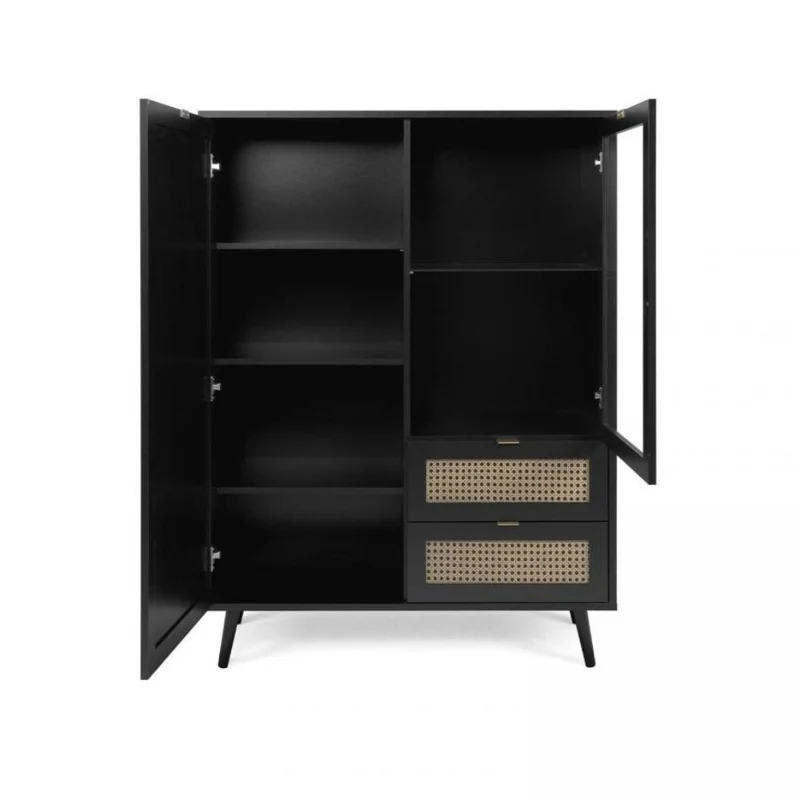 Vetrina 101,4x139h cm con 2 ante e 2 cassetti colore nera con frontali effetto vimini - Vienna53A