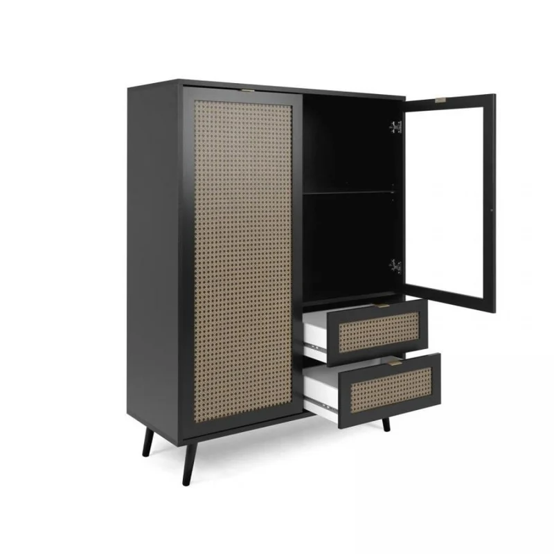 Vetrina 101,4x139h cm con 2 ante e 2 cassetti colore nera con frontali effetto vimini - Vienna53A
