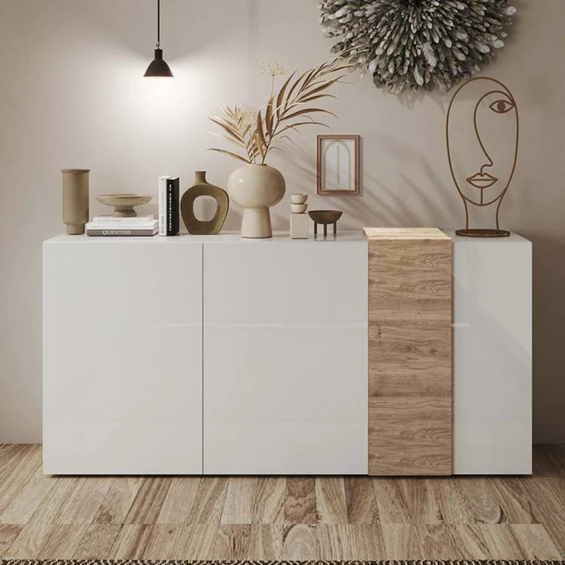 Madia con 3 ante e ripiani interni colore bianco lucido e rovere 181x86H cm - Sabry
