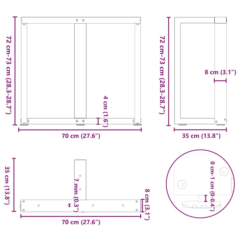 Lot de 2 pieds de table à manger en T ajustables pour structure robuste 70 x 35 x 73 cm en acier noir 02_0057326