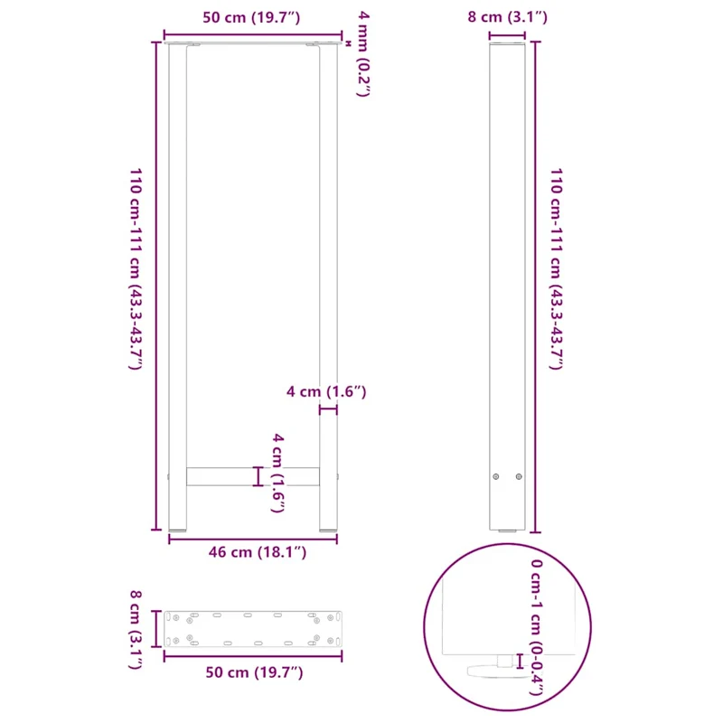 Lot de 2 pieds de table de bar réglables noir 50 x 110 cm design moderne en acier noir 02_0057592