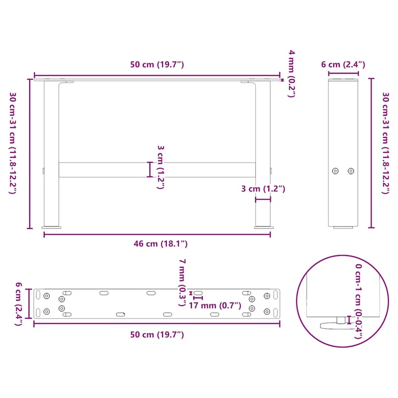 Lot de 2 pieds de table basse carrés réglables 50 x 30 cm en acier noir 02_0057500
