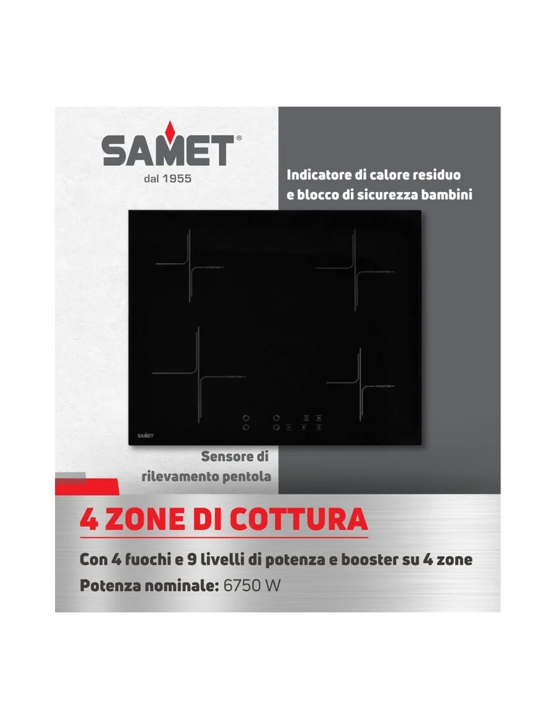 Piano cottura 60 cm induzione con 4 zone colore nero - Samet Etna60 F