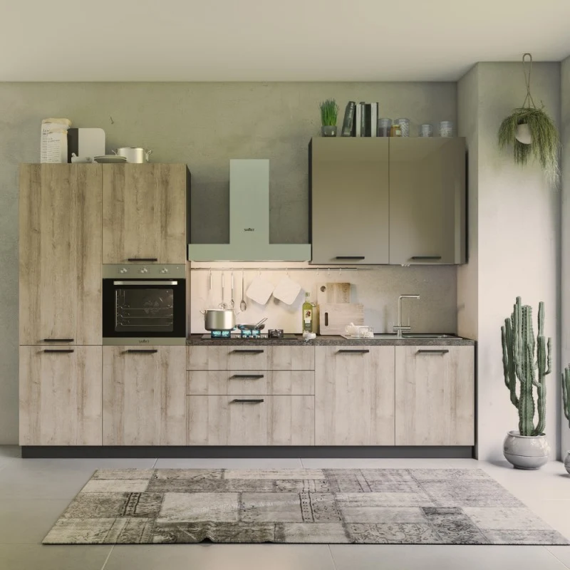 Cucina completa 330 cm sinistra colore rovere rustico e tortora lucido - Durazzo Glam
