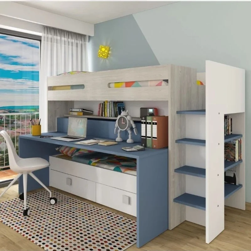 Letto a castello Formy per bambino con scrivania e letto estraibili colore bianco e celeste