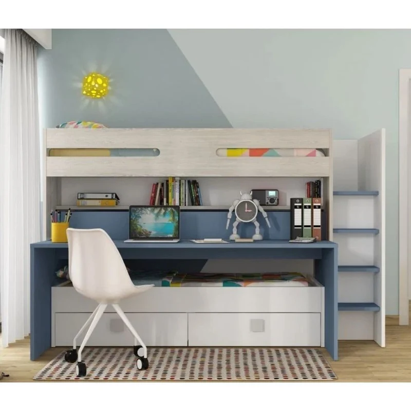 Letto a castello Formy per bambino con scrivania e letto estraibili colore bianco e celeste
