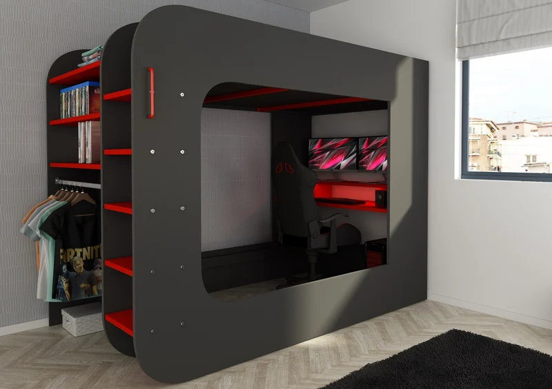 Letto a castello Gamer per bambino con scrivania da gamer colore antracite e rosso