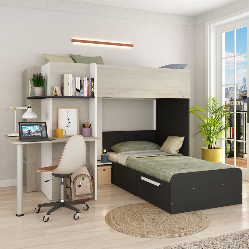 Letto a castello Bleki per due bambini con scrivania e armadio colore bianco vintage e antracite