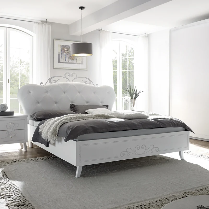 Letto in legno con testiera imbottita colore bianco - Pamuk