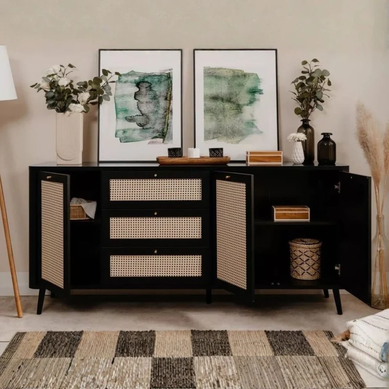 Madia 175 cm con 3 cassetti e 3 ante effetto rafia colore nera - KUTA51A