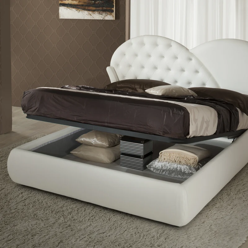 Letto matrimoniale con contenitore colore bianco e bottoni effetto cristallo - Marubi