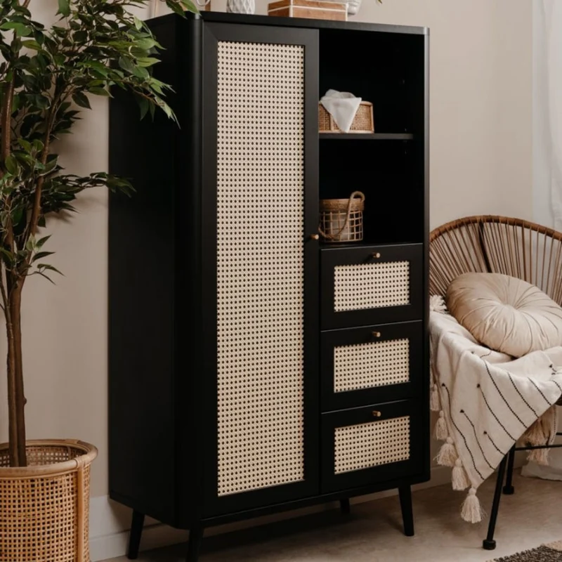 Credenza 180x141h cm con 3 cassetti e anta effetto rafia colore nera - KUTA53