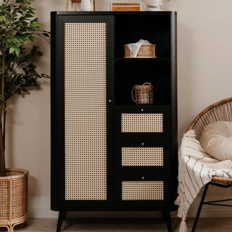 Credenza 180x141h cm con 3 cassetti e anta effetto rafia colore nera - KUTA53