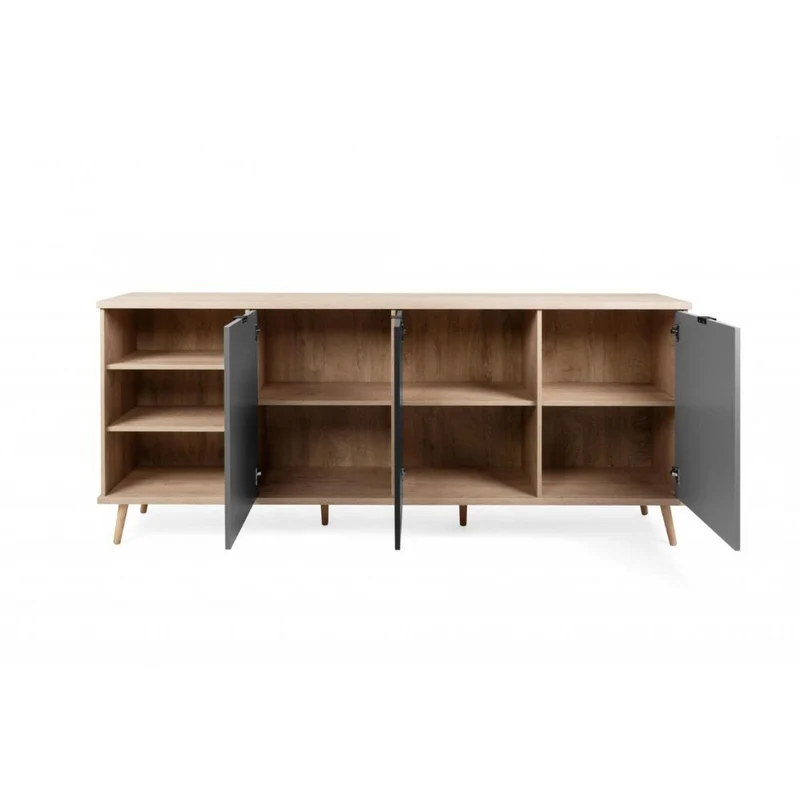Madia in legno 209,6x88,3h cm con tre ante e vano a giorno colore rovere, antracite e grigio - Epik 56