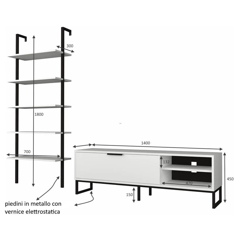 Parete attrezzata 180h cm porta tv e libreria colore bianca - Way