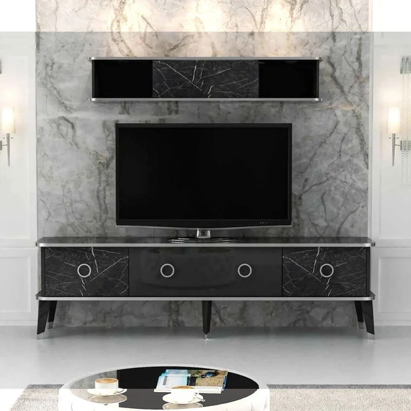 Mobile porta tv 180 cm con pensile effetto marmo nero e particolari argento - Bientv 180