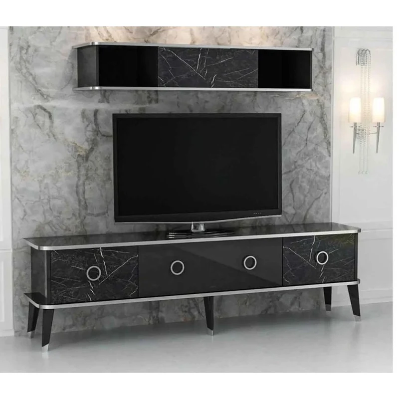 Mobile porta tv 180 cm con pensile effetto marmo nero e particolari argento - Bientv 180