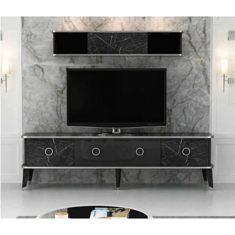 Mobile porta tv 180 cm con pensile effetto marmo nero e particolari argento - Bientv 180