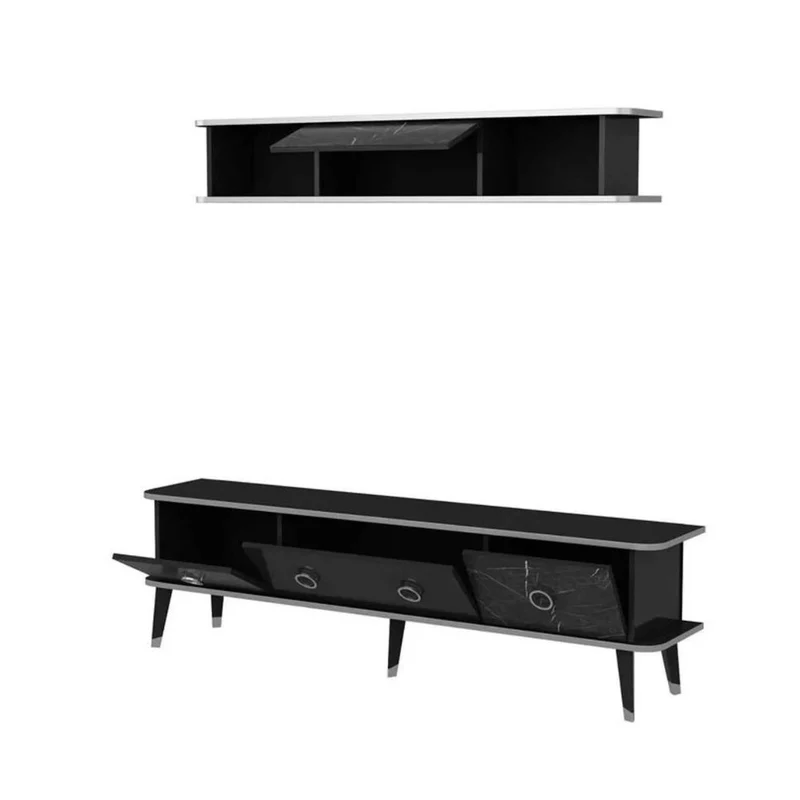 Mobile porta tv 180 cm con pensile effetto marmo nero e particolari argento - Bientv 180
