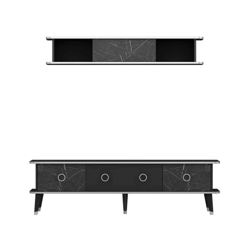 Mobile porta tv 180 cm con pensile effetto marmo nero e particolari argento - Bientv 180