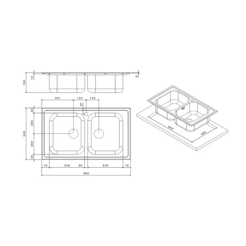 Lavello doppia vasca con superficie spazzolata 86x50 cm - SAXT322A
