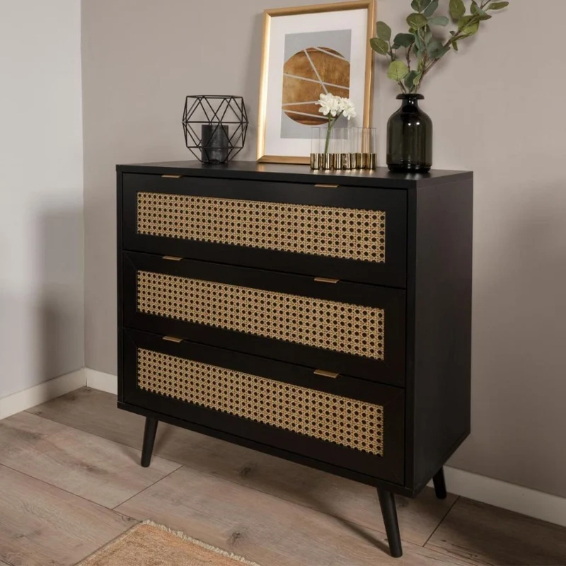 Cassettiera 80x80h cm con 3 cassetti colore nera con frontali vimini - Vienna03A