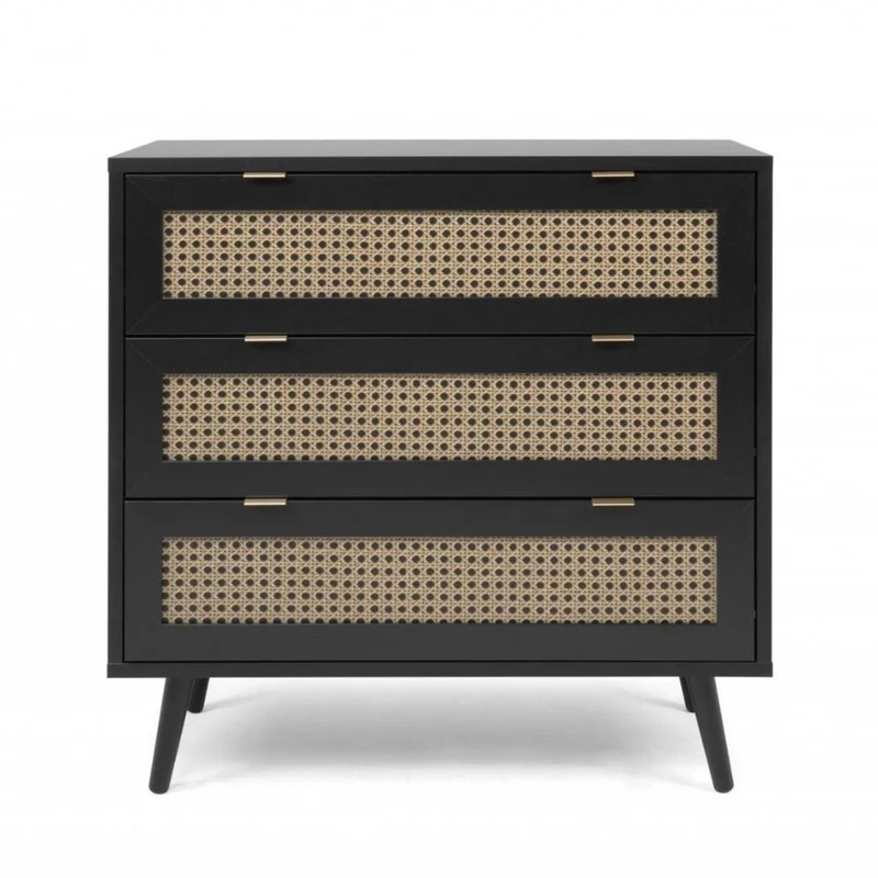 Cassettiera 80x80h cm con 3 cassetti colore nera con frontali vimini - Vienna03A