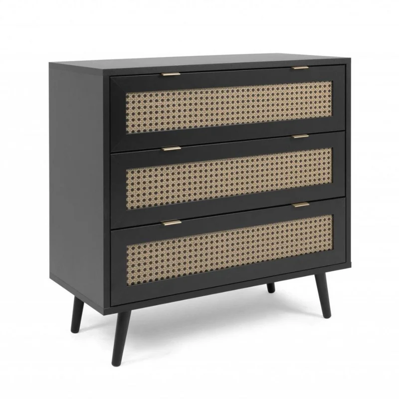Cassettiera 80x80h cm con 3 cassetti colore nera con frontali vimini - Vienna03A