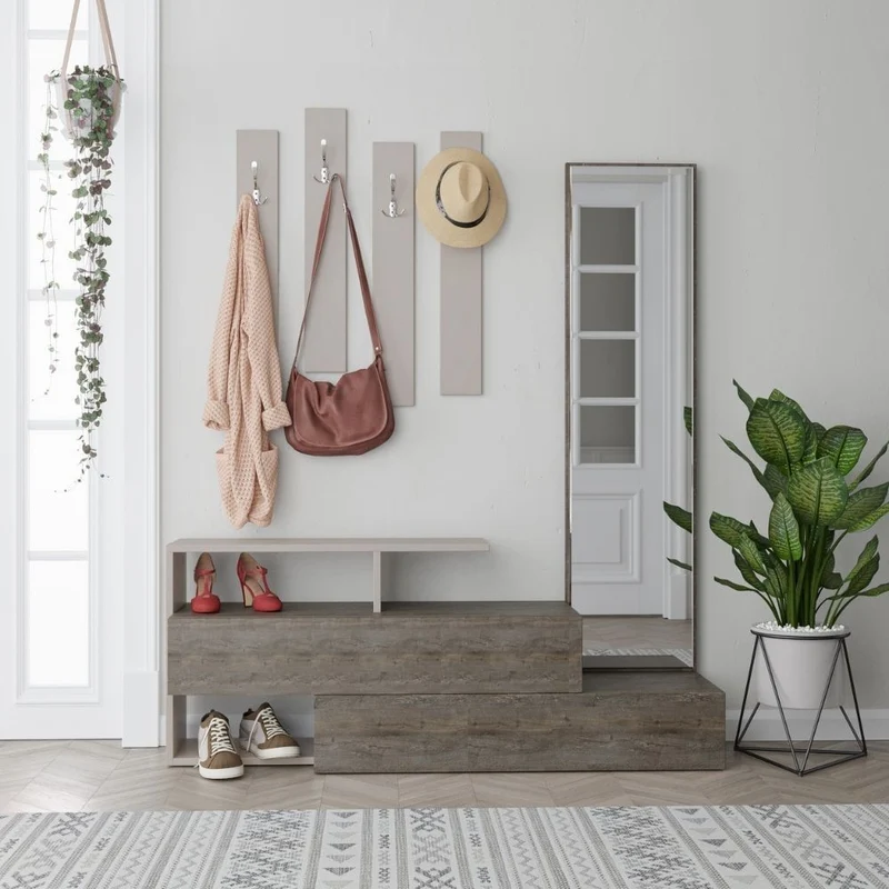 Mobile ingresso con specchio e scarpiera 137 cm colore tortora e noce - Ramda