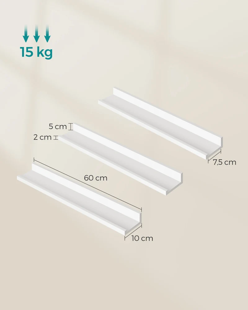 Étagères lot de 3 murales flottantes en bois 38 x 10cm pour cadres photos livres exposition rangement blanc 12_0006330