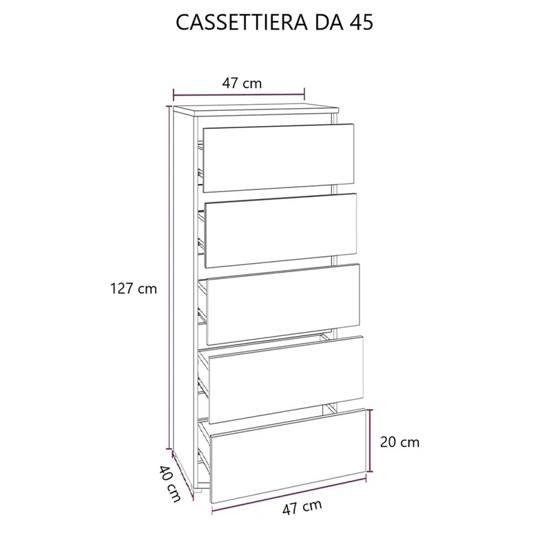 Cassettiera con 5 cassetti colore noce antico 47x127H cm montata