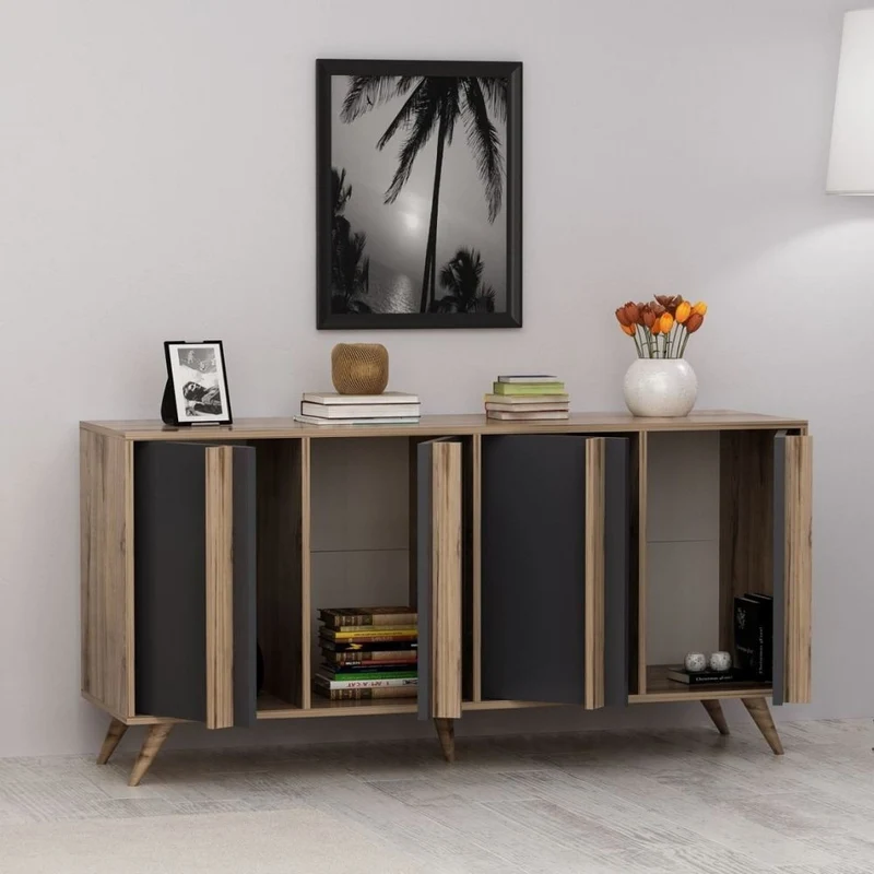 Madia con ante e ripiani colore antracite e noce 160 cm - Rilla