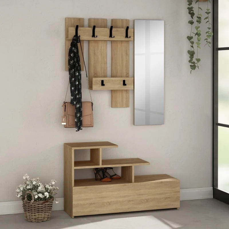 Mobile ingresso con scarpiera e specchio colore rovere oak 100x122H cm - Vesty