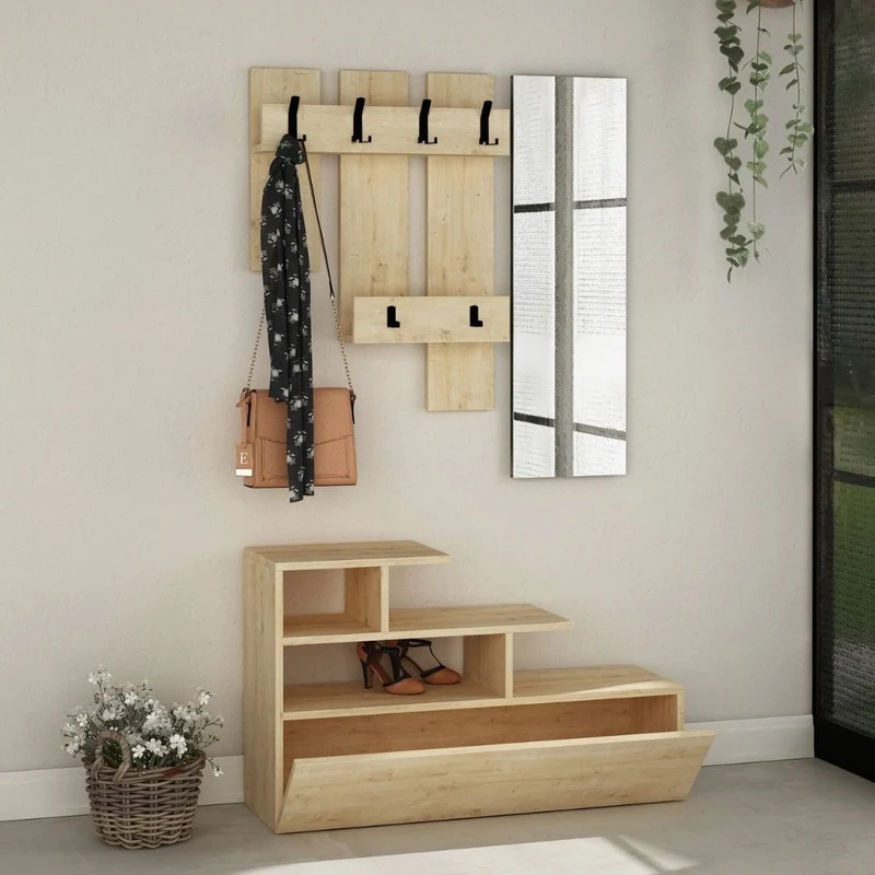 Mobile ingresso con scarpiera e specchio colore rovere oak 100x122H cm - Vesty