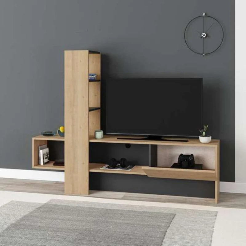 Mobile porta TV 180x138h cm con anta a ribalta colore rovere e antracite - Troya
