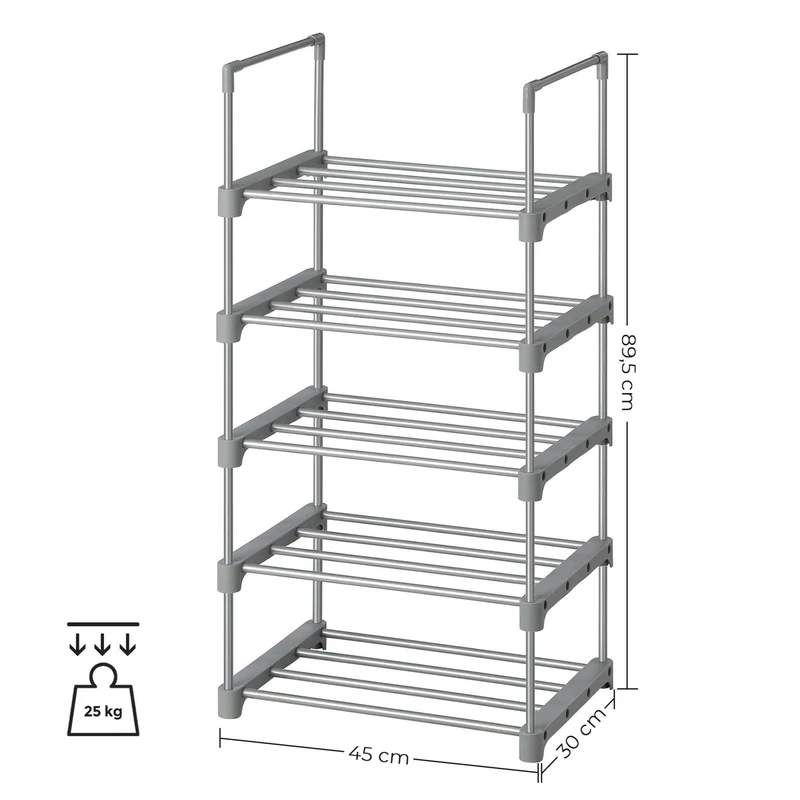 Étagère à chaussures à 5 niveaux porte-chaussures en métal empilable peu encombrant rangement de chaussures multifonctionnel pour entrée 89,5 cm chambre salon gris 12_0002618