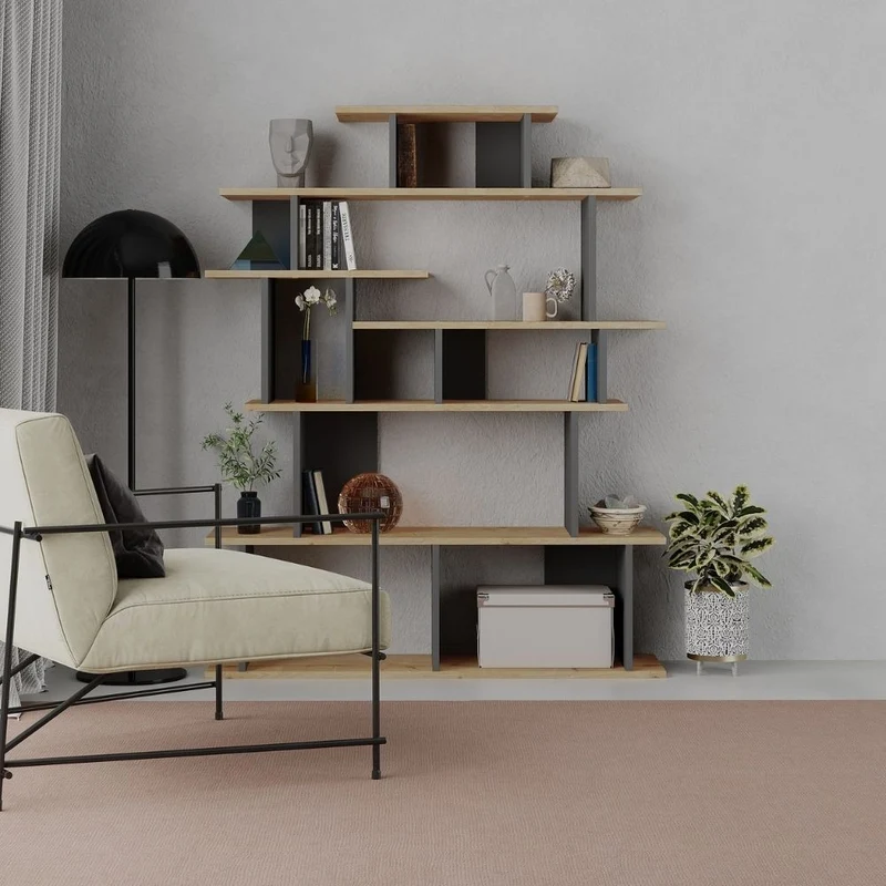 Libreria moderna 120 cm di design in legno colore rovere e antracite - Apollon
