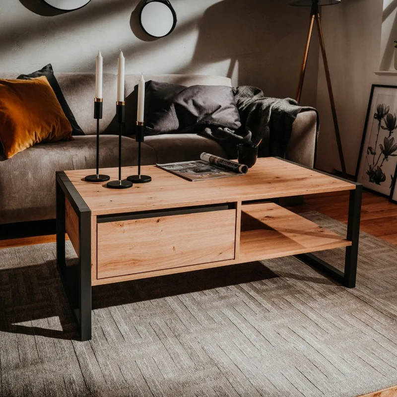 Tavolino da salotto 100x40h cm con cassetto e vano colore quercia e antracite - Denver