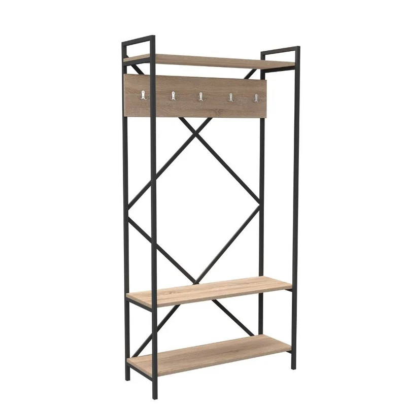 Scaffale ingresso 90x180h cm con appendiabiti in metallo colore antracite e sonoma - Kety