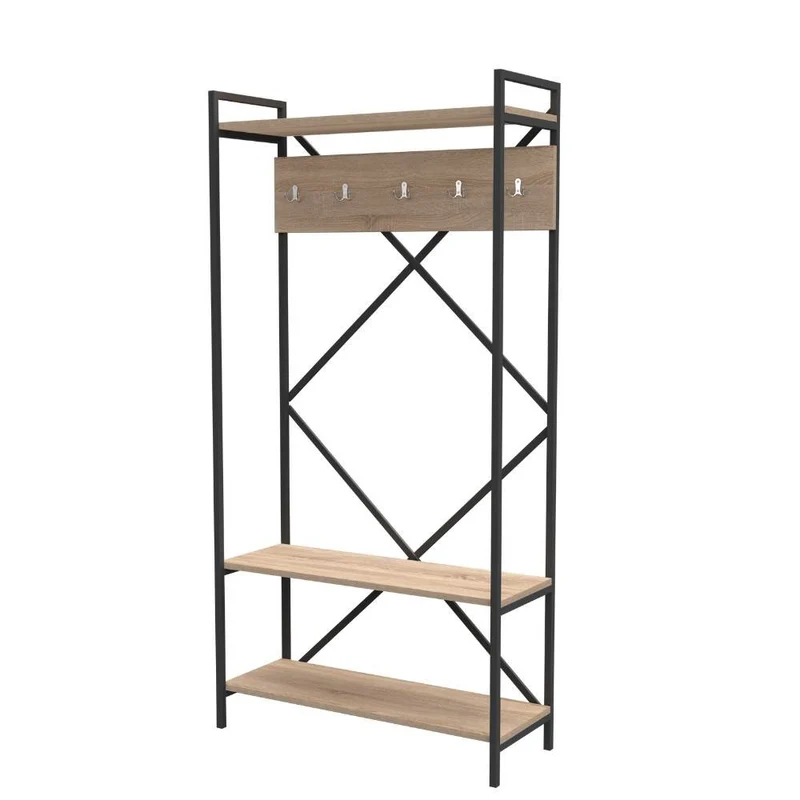 Scaffale ingresso 90x180h cm con appendiabiti in metallo colore antracite e sonoma - Kety