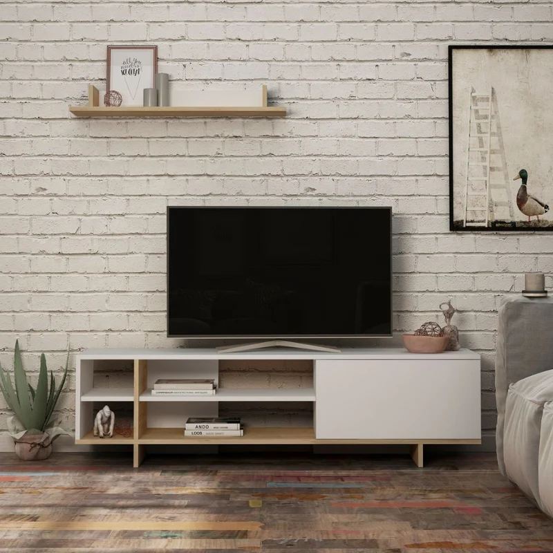 Mobile porta TV 160 cm in legno con mensola e ripiani colore bianco e rovere - Stockton