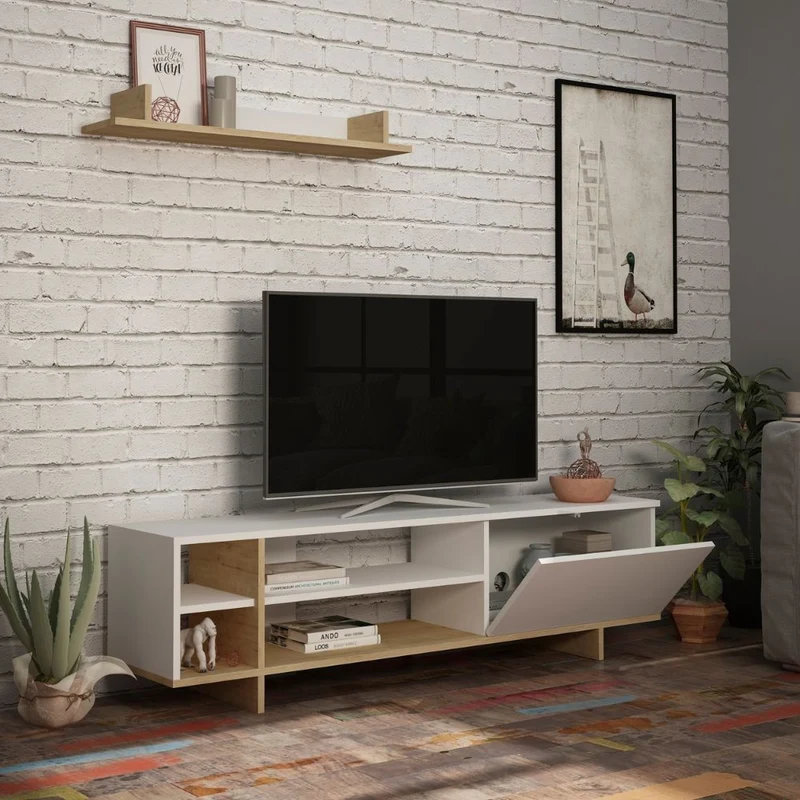 Mobile porta TV 160 cm in legno con mensola e ripiani colore bianco e rovere - Stockton