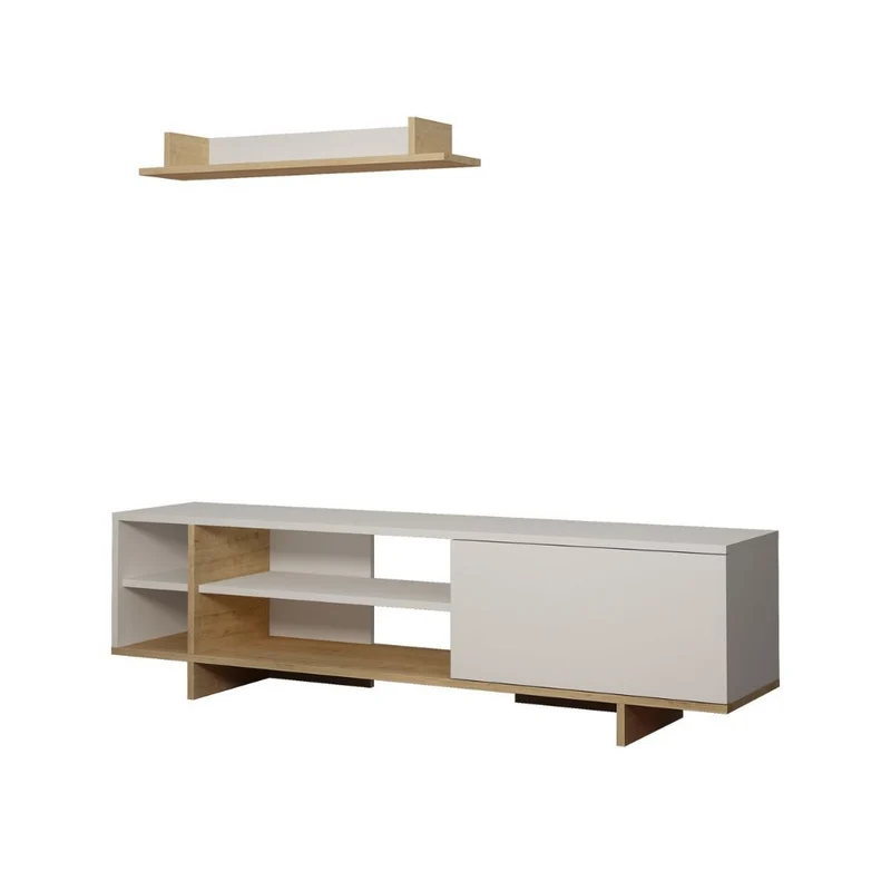 Mobile porta TV 160 cm in legno con mensola e ripiani colore bianco e rovere - Stockton
