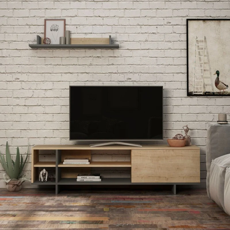 Mobile porta TV con mensola e ripiani colore rovere e antracite 160 cm - Stockton