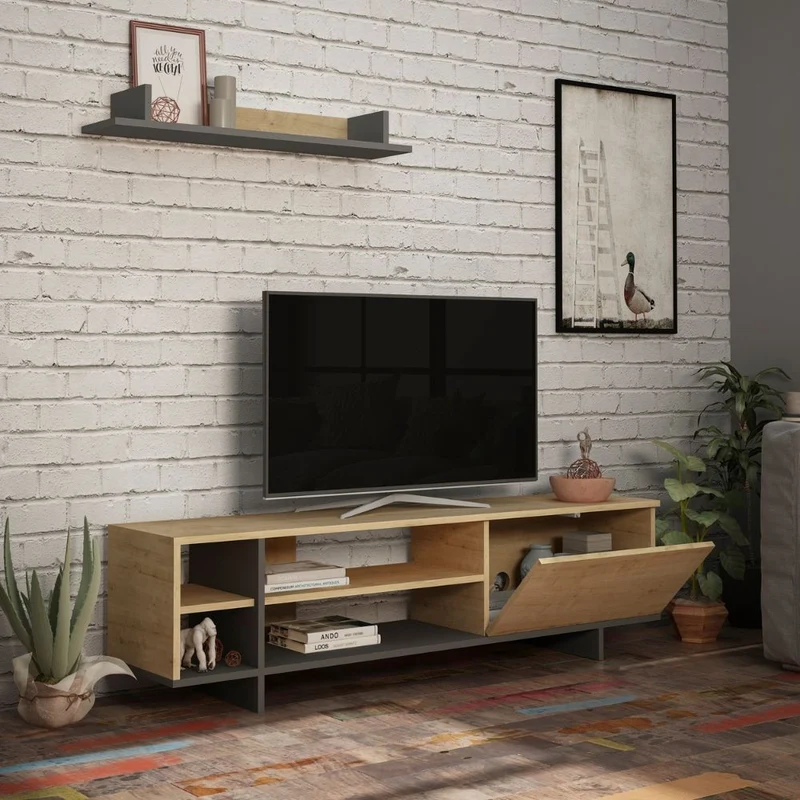 Mobile porta TV con mensola e ripiani colore rovere e antracite 160 cm - Stockton