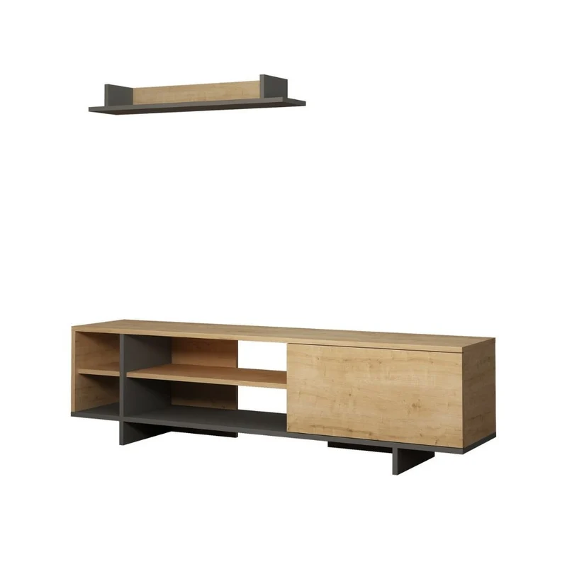 Mobile porta TV con mensola e ripiani colore rovere e antracite 160 cm - Stockton