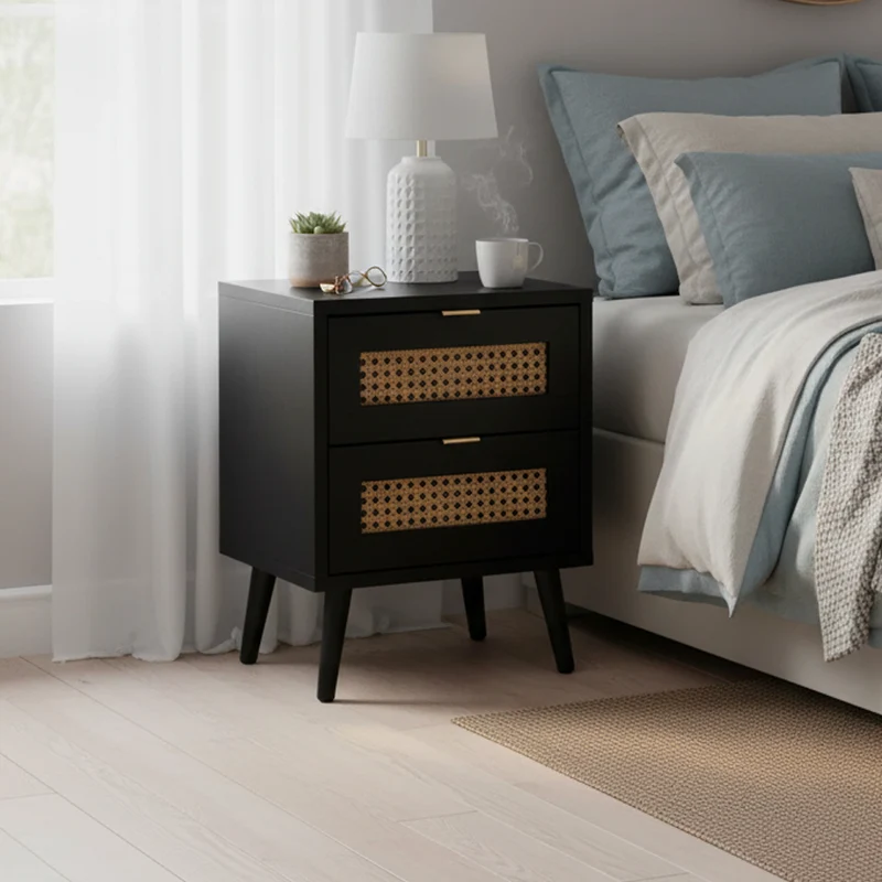 Comodino 40x52H cm con 2 cassetti colore nero con frontali effetto vimini - Vienna61A