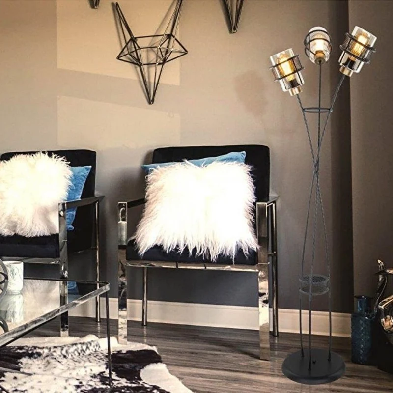 Lampada da terra 160H cm in ferro intrecciato con 3 luci in vetro - Grande MDL3812