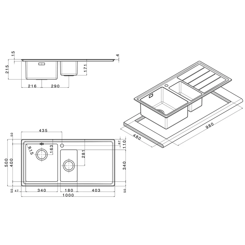 Lavello 100x50 cm con 2 vasche e gocciolatoio sinistro - SAXT332