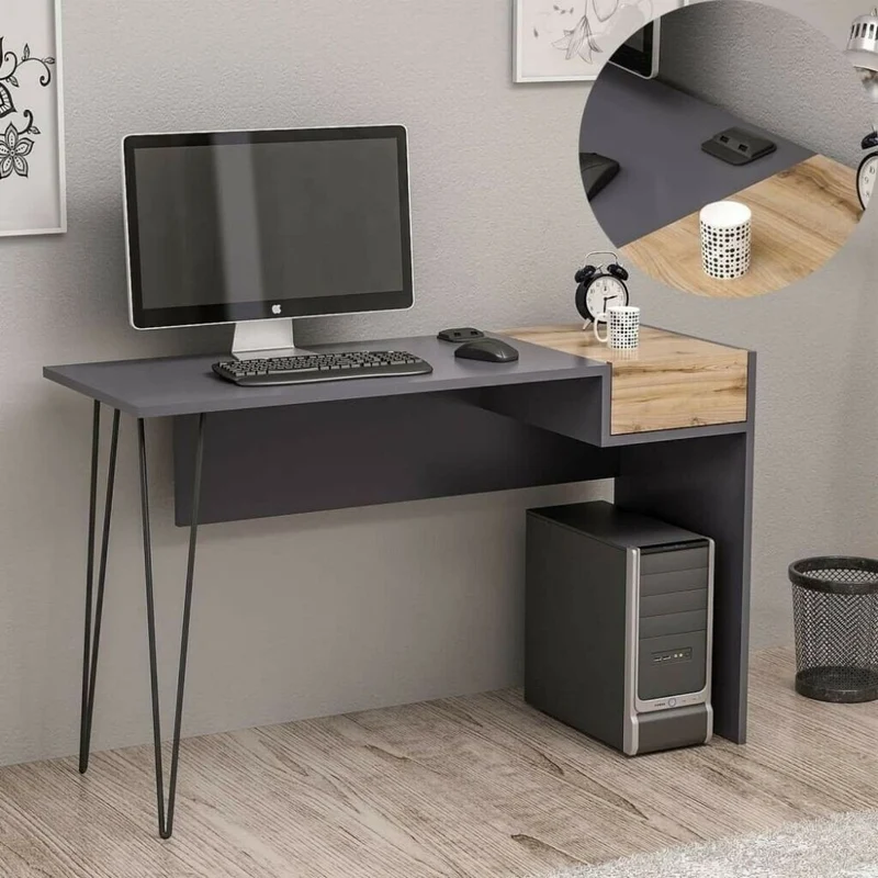 Scrivania in legno 121x76H cm con porte usb colore antracite e noce - Candy